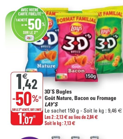 Promo 3D's Bugles Goût Nature Bacon Ou Fromage Lay's chez G20