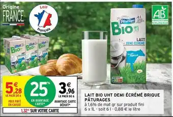 Intermarché Lait Bio Uht Demi écrémé Brique Pâturages offre