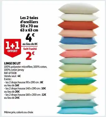 Auchan Linge de lit les 2 taies d'oreillers 50 x 70 ou 63 x 63 cm offre