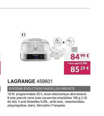 Copra Lagrange 459601 système égouttage faisselles breveté offre
