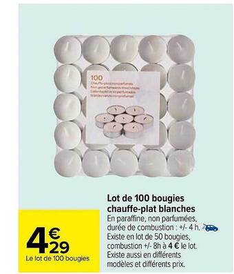 Carrefour Lot de 100 bougies chauffe-plat blanches offre