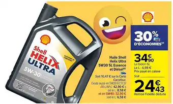 Carrefour Huile shell helix ultra 5w30 5l essence et diésel offre