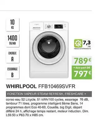 Copra Whirlpool ffb10469svfr fonction vapeur steam refresh, freshcare offre