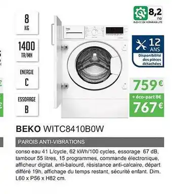 Copra Beko witc8410b0w parois anti-vibrations offre
