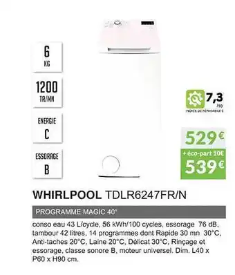Whirlpool tdlr6247fr-n programme magic 40°