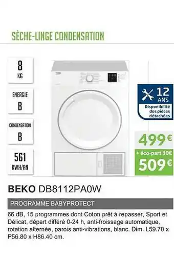Copra Sèche-linge condensation beko db8112pa0w offre