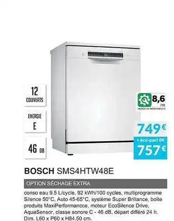Copra Bosch sms4htw48e option séchage extra offre