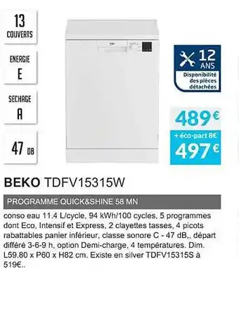Copra Beko tdfv15315w programme quick & shine 58 mn offre