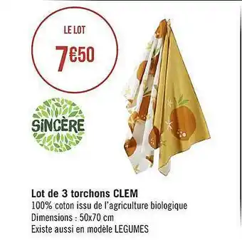 Lot de 3 torchons clem sincère