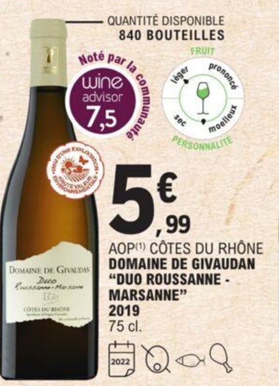 Promo Domaine De Givaudan "Duo Roussanne Marsanne" 2019 chez E.Leclerc