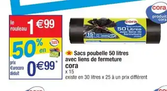 Cora x Carrefour Sacs poubelle 50 litres avec liens de fermeture offre