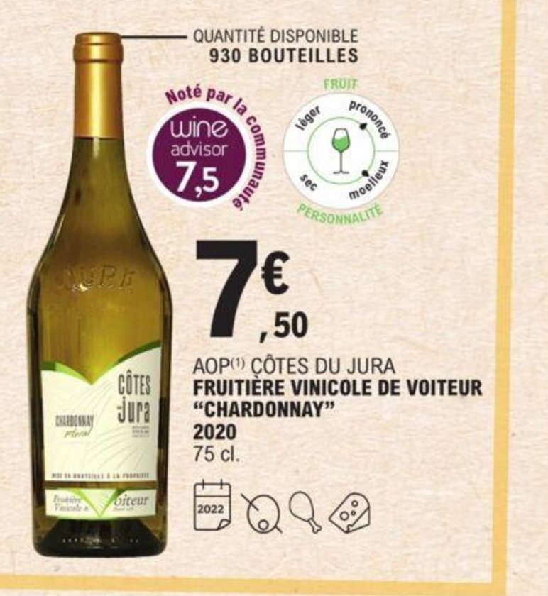 Promo Fruitiére Vinicole De Voiteur "Chardonnay" 2020 chez E.Leclerc
