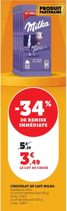 Super U Chocolat Au Lait Milka offre