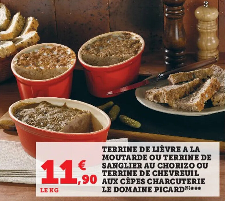 Promo Terrine de lièvre a la moutarde ou terrine de sanglier au chorizo ou terrine de chevreuil