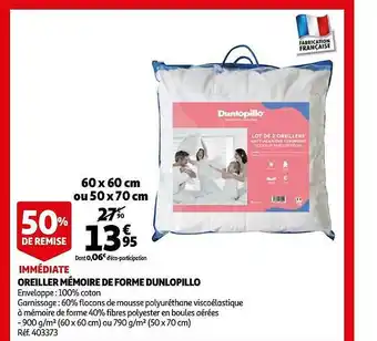 Auchan Oreiller Mémoire De Forme Dunlopillo : 60 X 60 Cm Ou 50 X 70 Cm offre