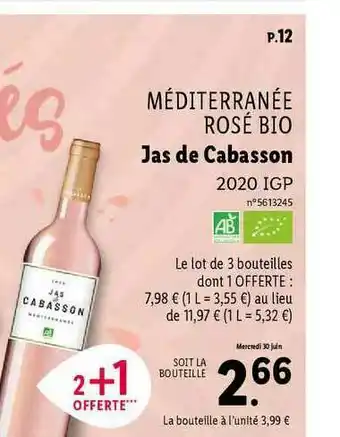 Lidl Méditerranée Rosé Bio Jas De Cabasson 2020 Igp offre