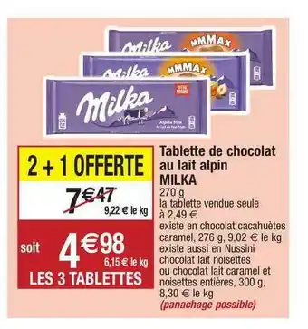 Migros Tablette De Chocolat Au Lait Alpin Milka offre
