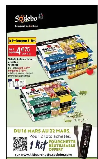 Cora x Carrefour Salade Antibes Thon Riz Crudités Sodebo offre