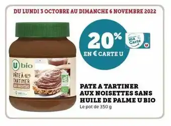 Hyper U Pâte à tartiner aux noisettes sans huile de palme u bio offre
