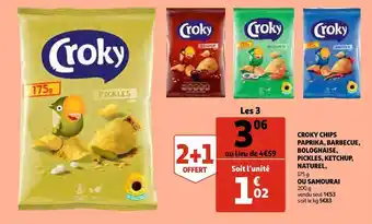 Auchan Croky chips paprika, barbecue, bolognaise, pickles, ketchup, naturel, offre