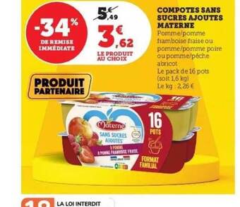 Hyper U Compotes sans sucres ajoutés materne offre