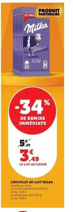 Hyper U Chocolat au lait milka offre