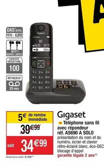 Cora x Carrefour Téléphone Sans Fil Avec Répondeur Solo Gigaset offre