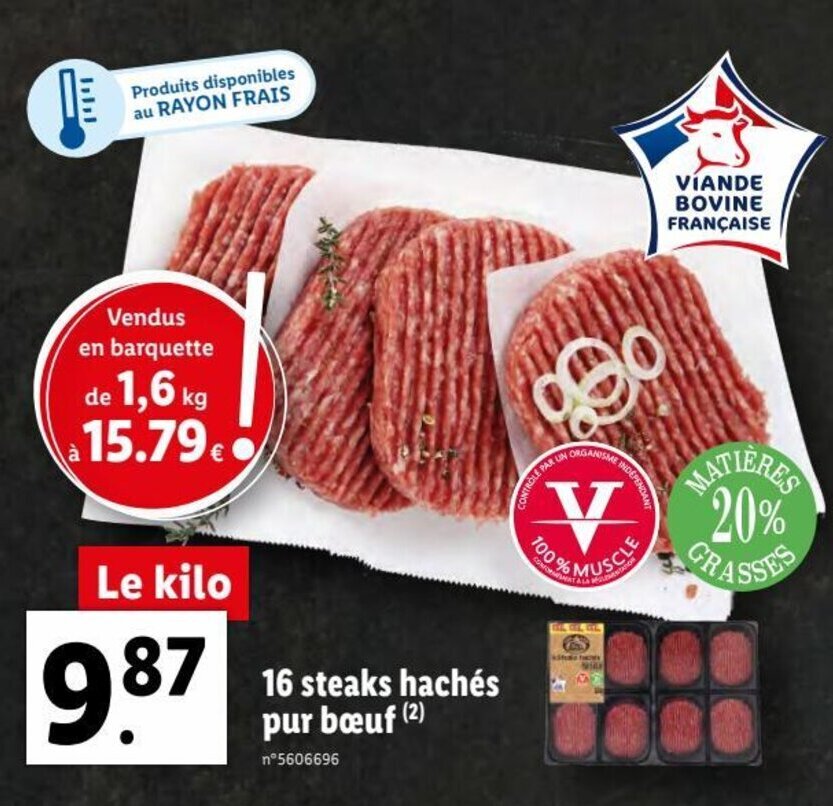 Promo 16 Steaks Hachés Pur Boeuf chez Lidl