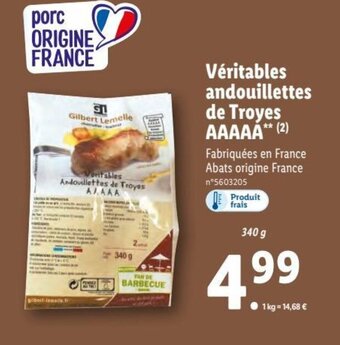 Lidl Véritables Andouillettes De Troyes AAAAA offre