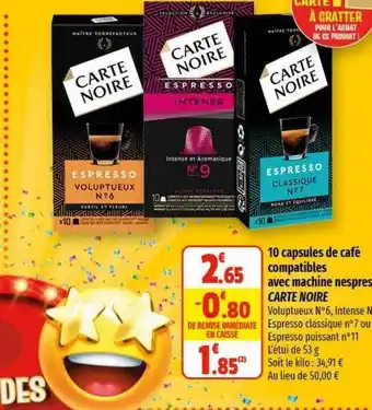 Coccinelle Supermarché 10 capsules de café compatibles avec machine nespresso carte noire offre