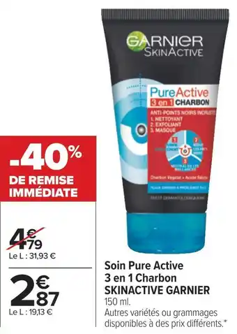 Carrefour Skinactive garnier soin pure active 3 en 1 charbon offre