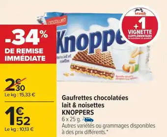 Carrefour Knoppers gaufrettes chocolatées lait & noisettes offre