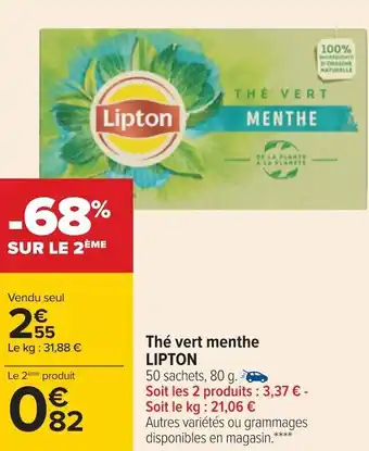 Carrefour Lipton thé vert menthe offre