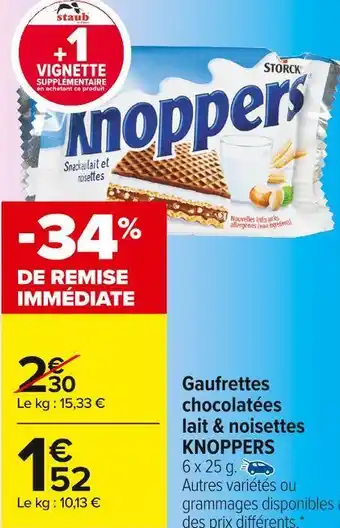 Carrefour Market Knoppers gaufrettes chocolatées lait & noisettes offre