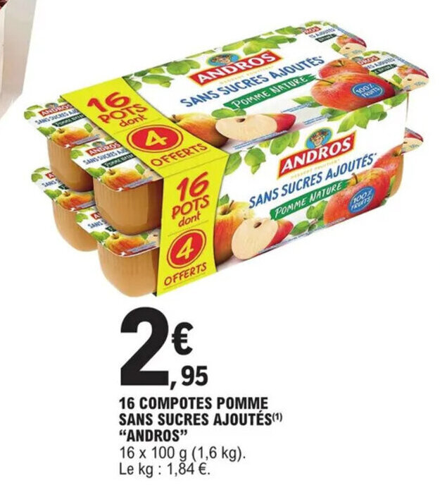 Promo 16 compotes pomme sans sucres ajoutés "ANDROS" chez E.Leclerc