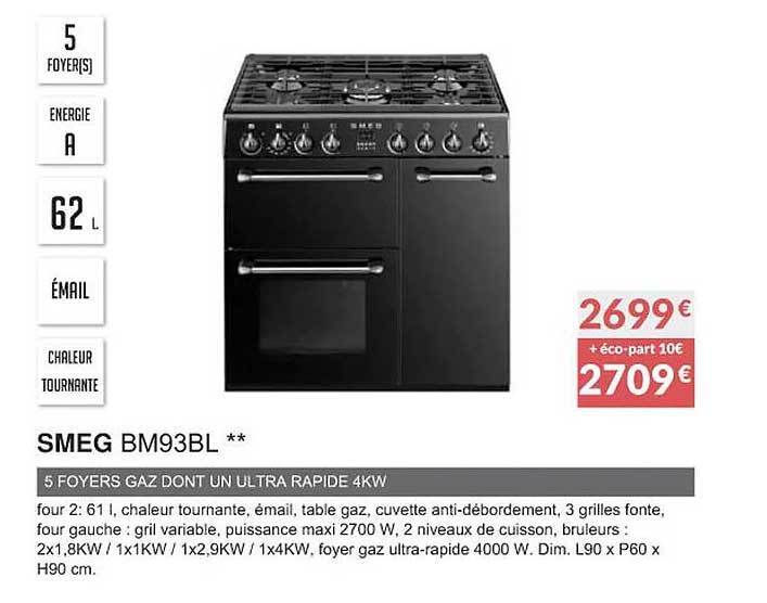 Promo Smeg bm93bl 5 foyers gaz dont un ultra rapide 4kw chez Copra