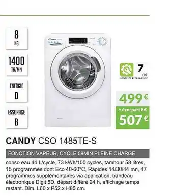 Candy cso 1485te-s fonction vapeur, cycle 59 min pleine charge