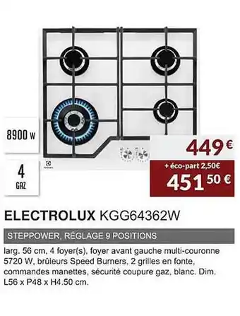 Copra Electrolux kgg64362w steppower, réglage 9 positions offre