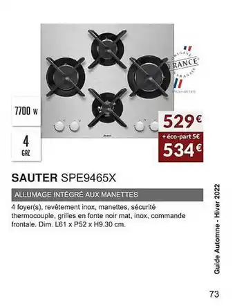 Copra Sauter spe9465x allumage intégré aux manettes offre