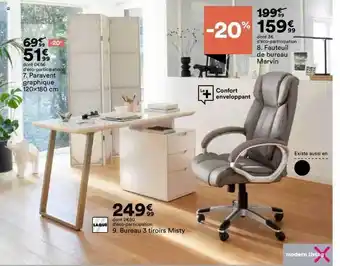 BUT Paravent graphique 120x180 cm, bureau 3 tiroirs misty, fauteuil de bureau marvin modern living offre