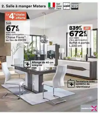 BUT Chaise flavie, buffet 4 portes l. 220 cm modern living offre