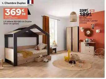 Lit cabane 90x190 cm duplex, commode 1 porte-2 tiroirs