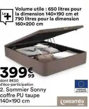 BUT Sommier sonny coffre pu taupe 140x190 cm dreaméa offre