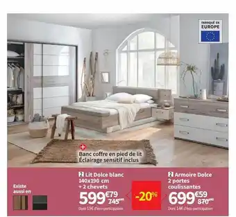 Conforama Lit dolce blanc 140x190 cm + 2 chevets, armoire dolce 2 portes coulissantes offre