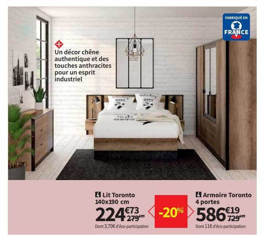 Promo Lit toronto 140x190 cm, armoire toronto 4 portes chez Conforama