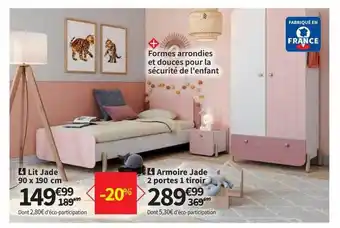 Conforama Lit jade 90x190 cm, armoire jade 2 portes 1 tiroir offre