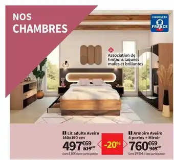 Conforama Lit adulte aveiro 140x190 cm, armoire aveiro 4 portes + miroir offre