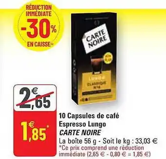 G20 10 capsules de café espresso lungo carte noire offre