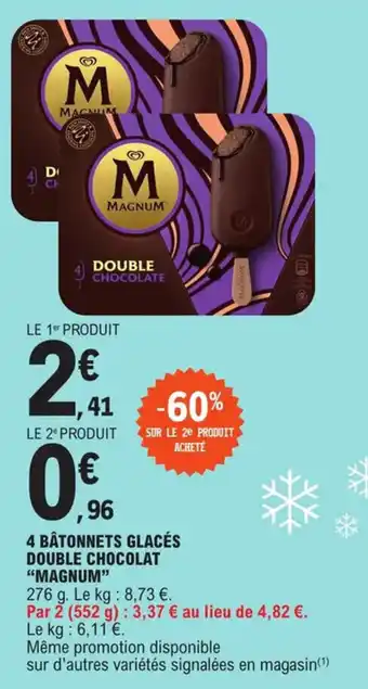 E.Leclerc 4 bâtonnets glacés double chocolat "MAGNUM" offre