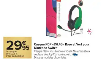 Carrefour Nintendo casque pdp lvl40 rose et vert pour nintendo switch offre